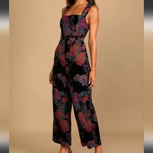 Moody Vibes Black Burnout Velvet Floral Print Wide-Leg Jumpsuit